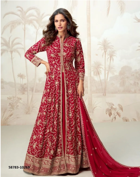 Front Slit Designer Party Wear Suit, Embroidered Maroon Anarkali Kurti with Palazzo and Dupatta